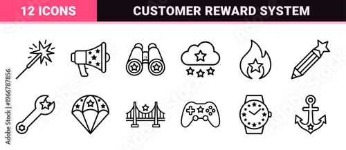 Customer Loyalty Rewards and Premium Membership Benefits Minimalist Geometric Line Art Outline Symbols for Digital Marketing Interfaces.