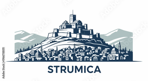 Stylized town with castle on hill, mountains, and text below
