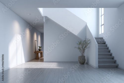 Bright, modern interior with a staircase and hallway illuminated by natural light.
