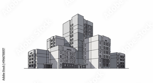 Stylized sketch of multiple gray buildings with repetitive window patterns