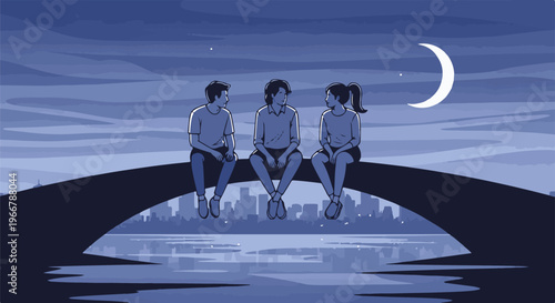 Three friends sit on a bridge overlooking a city skyline at night under a crescent moon