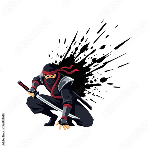 Ninja Warrior Crouching with Katana Sword, Black Ink Splash Background