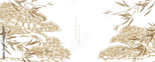 Bonsai tree branch and bamboo leaves branch with Chinese painting in natural background.