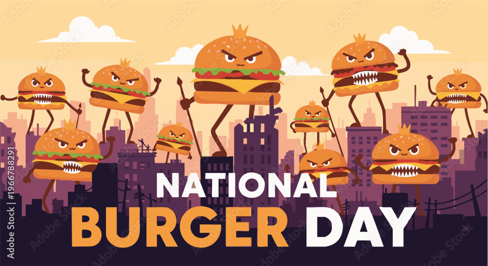 Naklejka premium Cartoon burgers dancing on city skyline in playful humorous style with bright vibrant colors for National Burger Day celebration