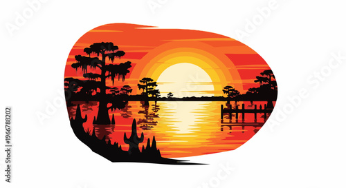 Vivid sunset paints sky orange over tranquil bayou with cypress trees