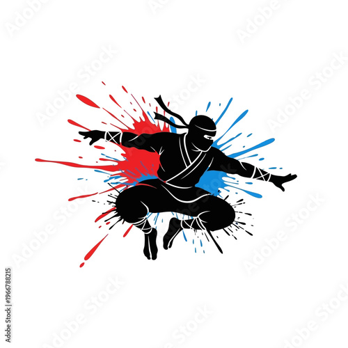 Ninja Silhouette Leaping with Red and Blue Paint Splatter Explosion