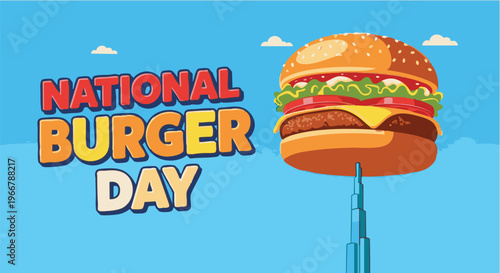 Cartoon hamburger with lettuce cheese tomato on blue background with white clouds for National Burger Day in colorful vibrant lighting for food advertising