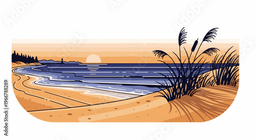 Warm sunset over a serene beach with coastal reeds and distant lighthouse