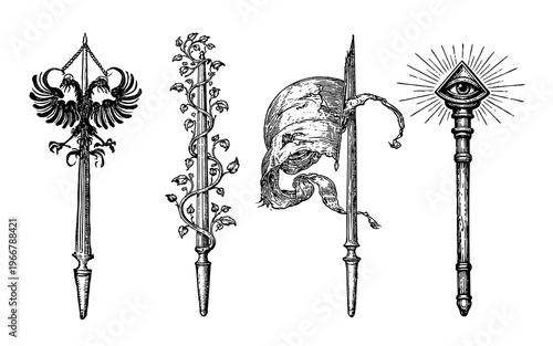 Heraldic Emblem Set with Eagle, Vine Staff, Flag and All-Seeing Eye, Vintage Renaissance Engraving (1557)