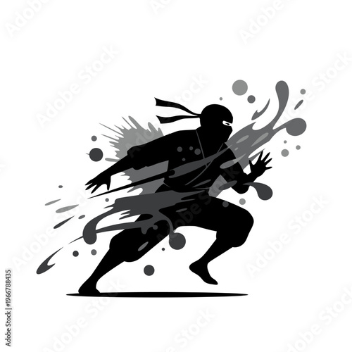 Dynamic Ninja Silhouette Running with Ink Splatter Effect