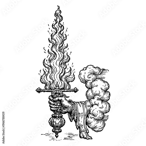 Flaming Sword in Hand, Alchemy Symbol Woodcut Engraving, Occult Renaissance Illustration