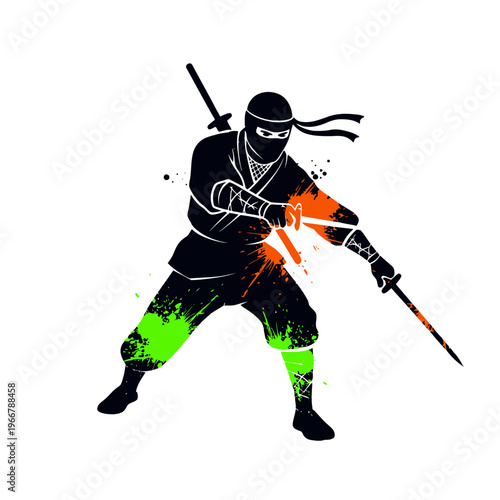 Ninja Warrior Silhouette with Splattered Paint