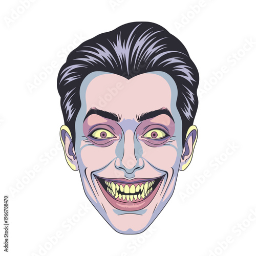 Creepy Man Face with Wide Grin and Yellow Eyes - Vector Illustration