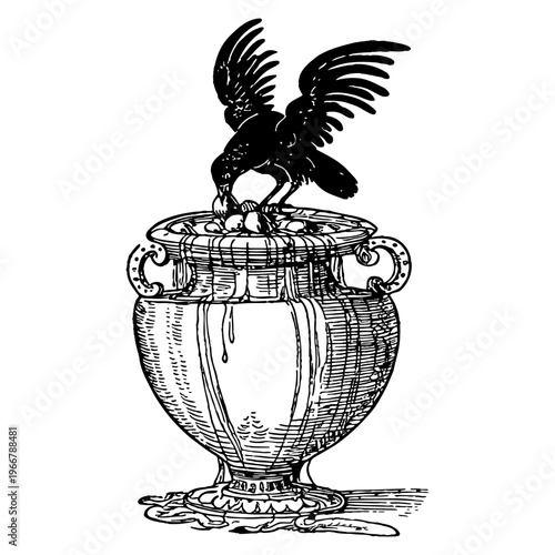 Raven on Vessel Vintage Woodcut Engraving, Alchemy Symbol, Occult Renaissance Illustration