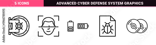 Cyber Security minimalist Monoline Outline Icons for Web Protection, Data Privacy, and Digital Defense Systems Interface Design