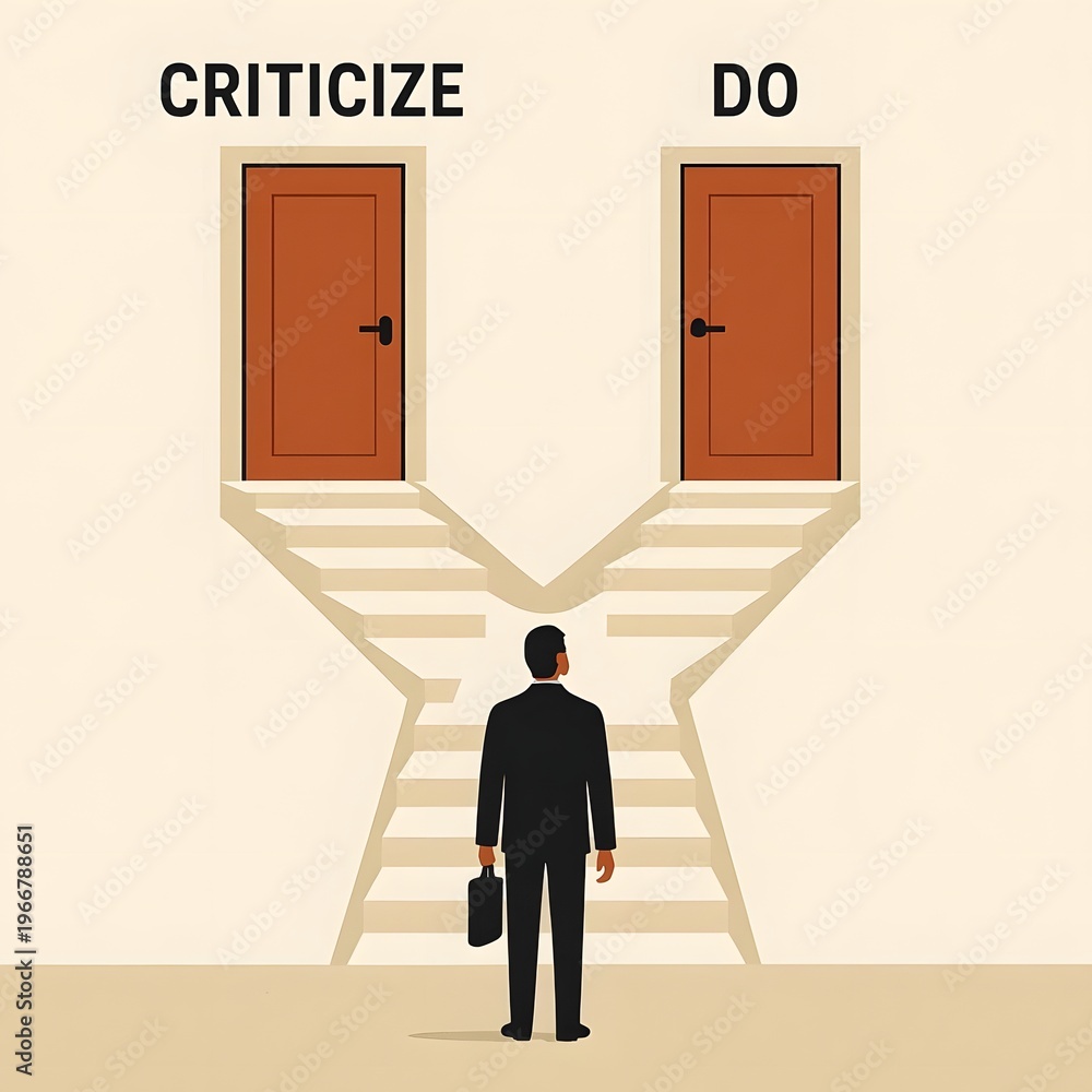 Fototapeta premium Man Choosing Between Criticize and Do Doors, Decision Concept Illustration