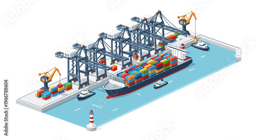 Isometric Container Ship Docked at Port with Cranes and Tugboats.