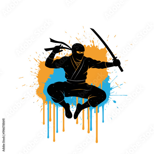 Ninja warrior leaping with sword, dynamic paint splatter background, action silhouette