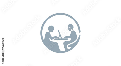 Business Meeting Icon: Two People Discussing Laptop Ideas in Circle