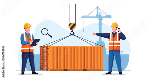 Workers overseeing cargo container loading with crane hook.