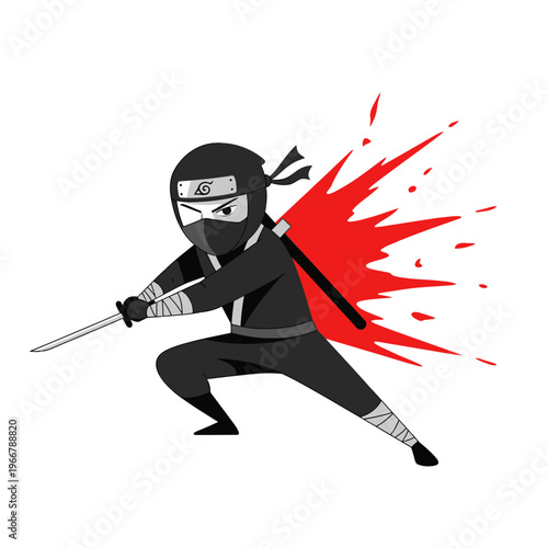 Cartoon Ninja Warrior with Katana Sword and Red Splash Effect