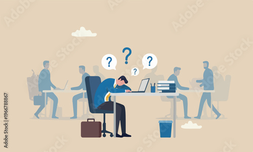 Quiet quitting, lack work motivation, work boredom or morality, exhaustion or burn out from hard work without recognition concept, unhappy businessman sleeping while working at busy workplace