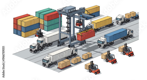 Isometric view of a busy cargo terminal with trucks and containers.