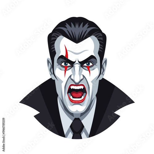 Furious Vampire Portrait with Fangs and Red Markings