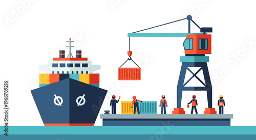Cargo Ship Loading at Port with Workers and Crane.
