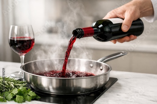 Wine Infusion: A culinary moment captured as a chef pours vibrant red wine into a sizzling pan, a glass of wine on the side enhancing the aroma, suggesting a delightful cooking experience.