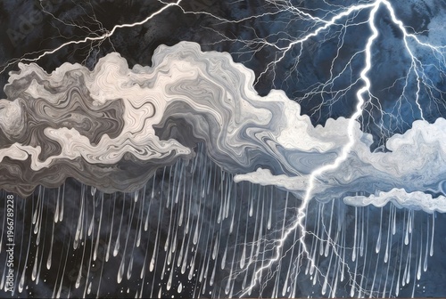 Artistic storm scene with swirling cloud textures, falling rain streaks, and bright lightning bolts against a dark background.
