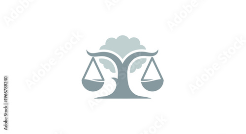 Scales of justice balanced on a stylized tree with cloud leaves, symbolizing legal fairness and growth.
