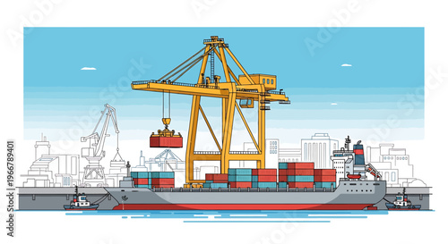 Large cargo ship being loaded by a massive gantry crane at a port.