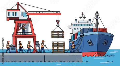 Dockworkers loading cargo onto a large container ship with a crane.