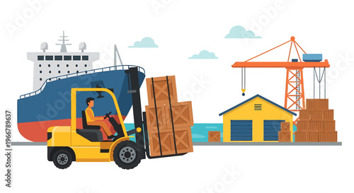 Worker operating a yellow forklift transporting wooden crates.