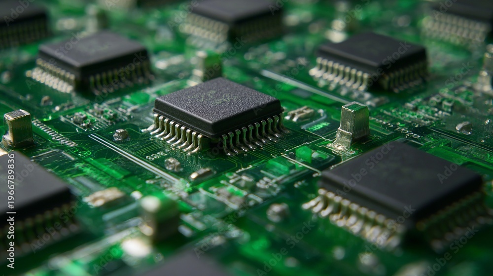 Obraz premium Computer chips sit on a green board.