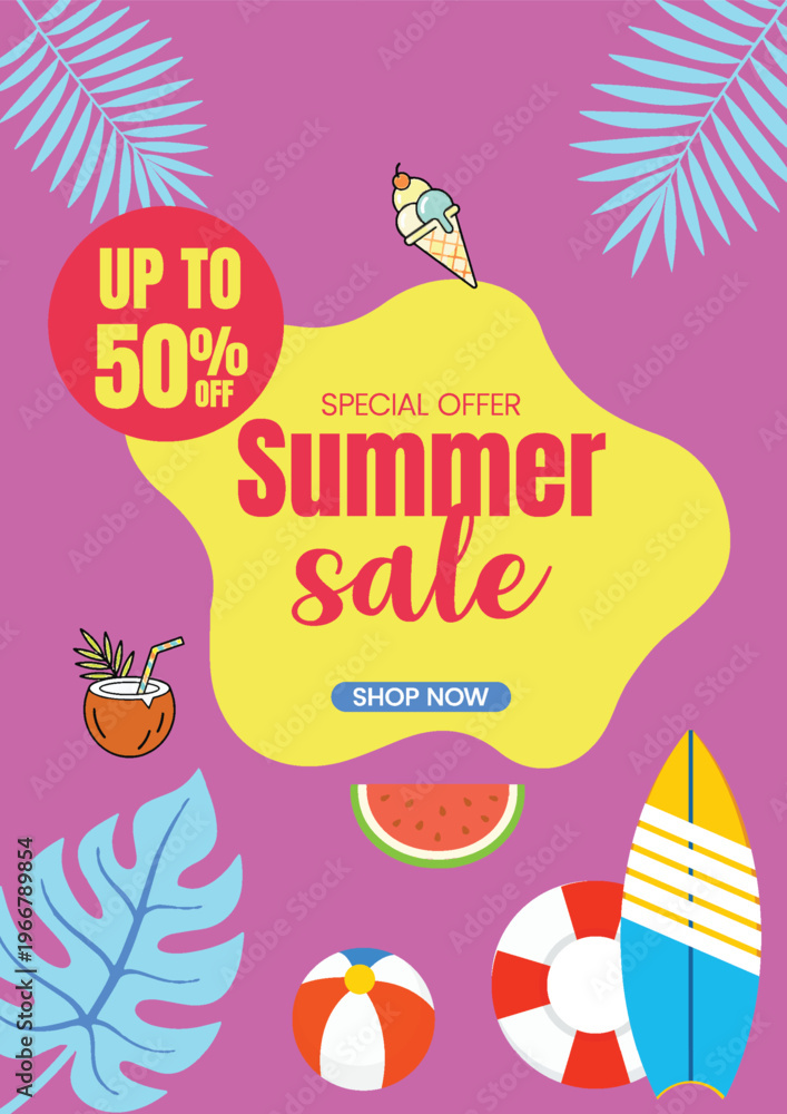 Fototapeta premium Summer Tropical Sale Promotion A4 Flyer Poster Template with Beach Party Vibes, Palm Leaves, Monstera Design, Editable Minimal Layout for Marketing Advertising Brochure Cover