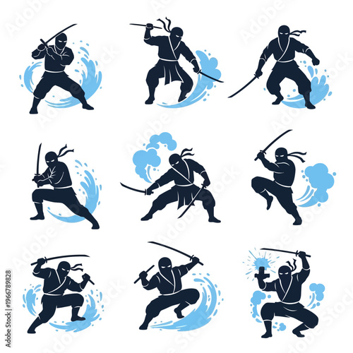 Ninja Warrior Poses with Katana Swords and Water Splashes - Silhouette Set