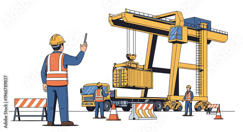 Worker in hard hat and safety vest operating crane at industrial site.