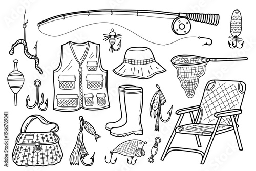 Fishing gear doodle set. Outline fishing rod, hat, waistcoat, floats, lures, net, rubber boots,. Collection of tackles for sport fishing. Hand drawn vector illustration