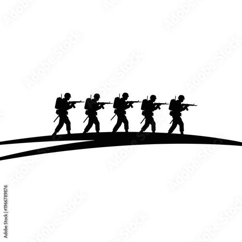 Silhouette of soldiers marching in formation on a hill, military operation concept.