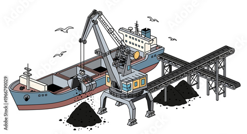 Isometric illustration of a cargo ship being loaded with coal by a large crane at a port.