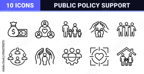 Social Policy and Community Welfare Outline Symbols: Minimalist Geometric Line Art for Human Rights, Healthcare, and Public Education