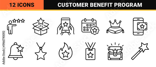 Customer Loyalty Rewards and VIP Benefit Program Minimalist Monoline Outline Symbols for Business Marketing and Premium Membership Apps