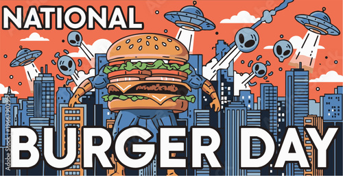 Giant hamburger superhero flying over city skyline with UFOs in comic book style vibrant colorful illustration for National Burger Day celebration