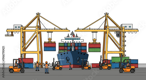 Cargo ship being loaded by cranes and forklifts at a busy port terminal.