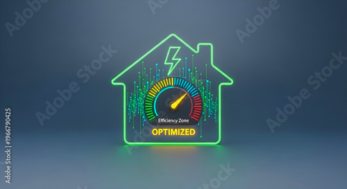 Energy efficiency smart home concept with optimization gauge and house outline for residential utility saving website banner