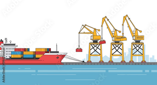 Cargo ship being loaded by cranes at a busy port.