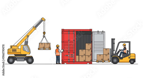 Workers loading cargo containers with crane and forklift.