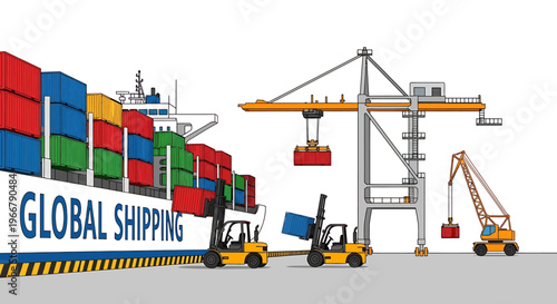 Global Shipping Container Ship with Cranes and Forklifts at Port.